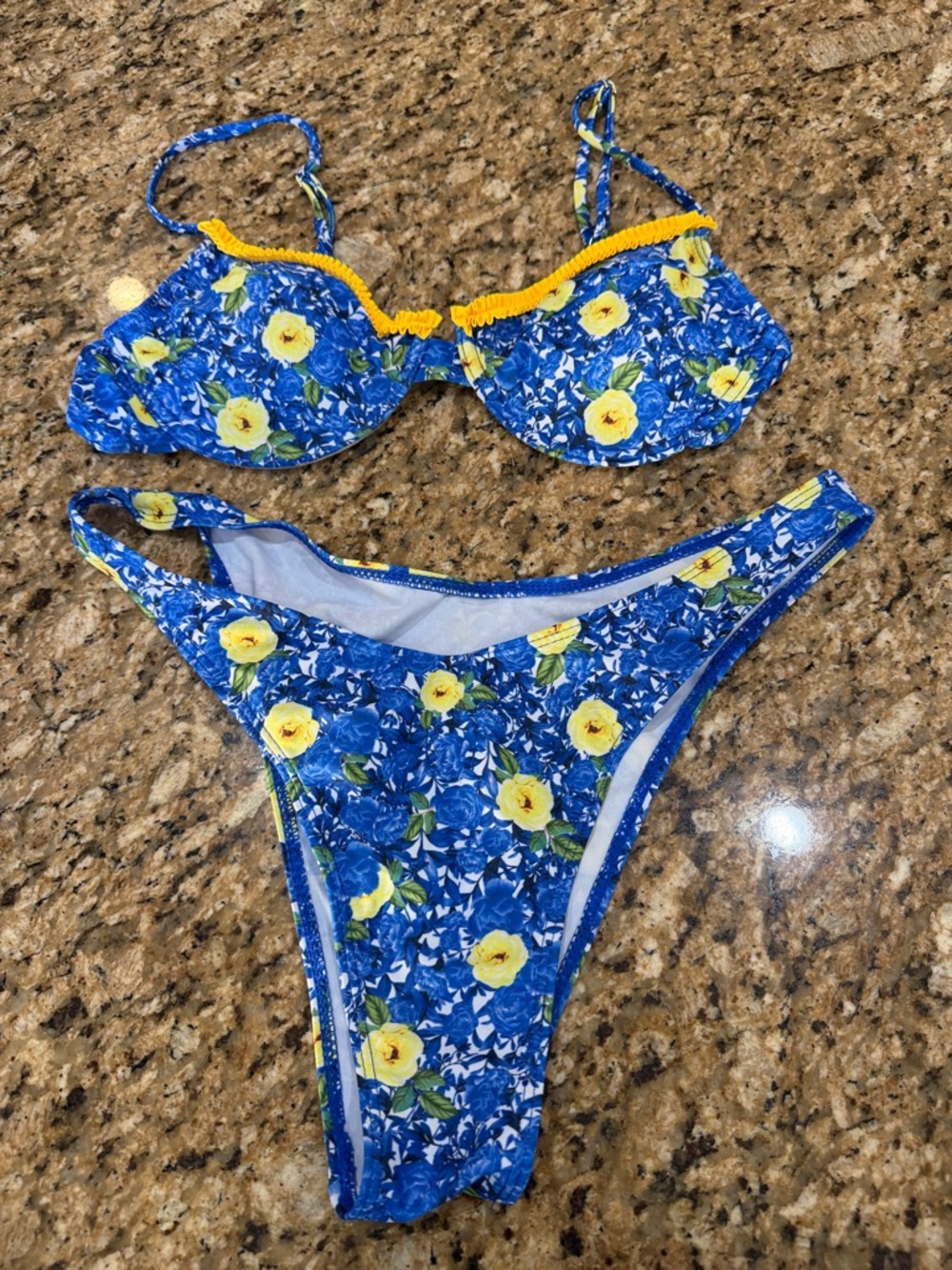 SHEIN Blue Floral Yellow Trim Bikini